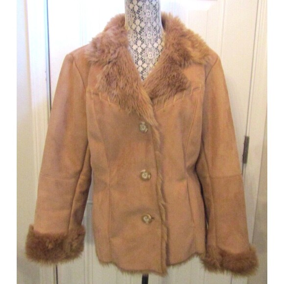 Coldwater Creek Genuine Brown Suede Leather Jacket Shaggy Faux Fur Lining Size M